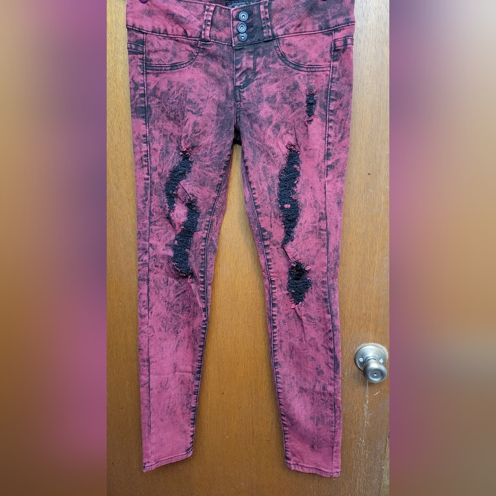 Lovesick Super Skinny Low-rise Red Jeans with Black Distressing and Fading